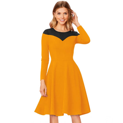 Generic Women's Knitting stretchable Solid Round Neck Full Sleeve Dress (Yellow)