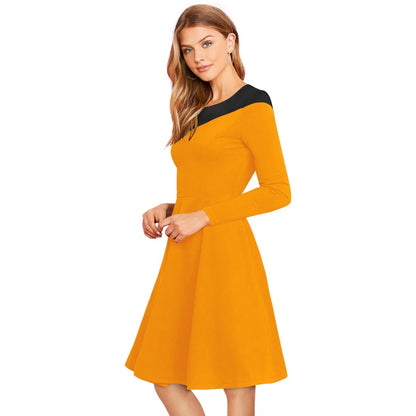 Generic Women's Knitting stretchable Solid Round Neck Full Sleeve Dress (Yellow)