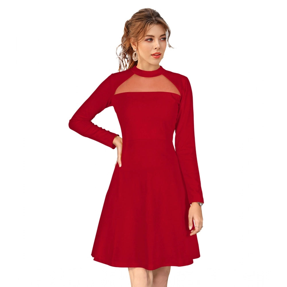 Generic Women's Knitting stretchable Solid Round Neck Full Sleeve Dress (Red)