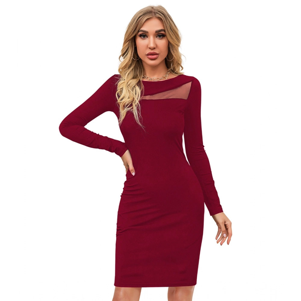 Generic Women's Knitting stretchable Solid Round Neck Full Sleeve Dress (Maroon)