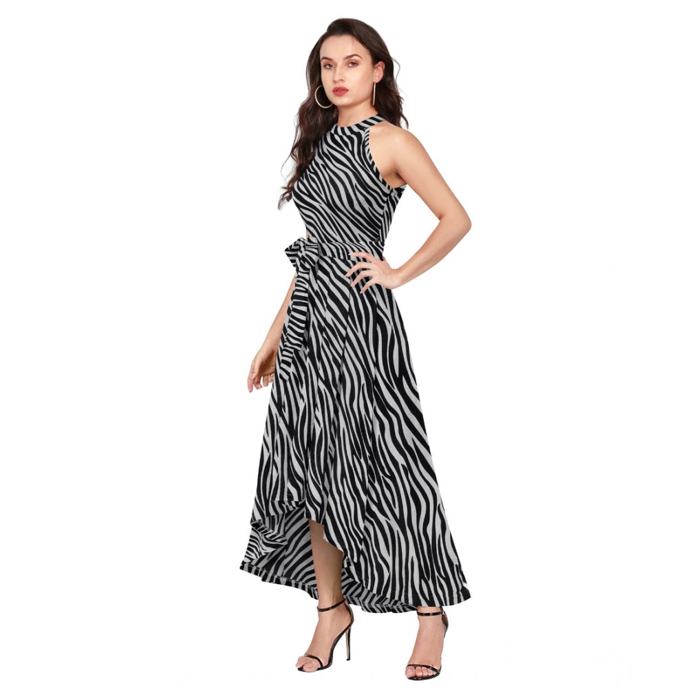 Generic Women's Polyester Zebra Pattern Halter Neck Sleeveless Dress (Navy Blue)