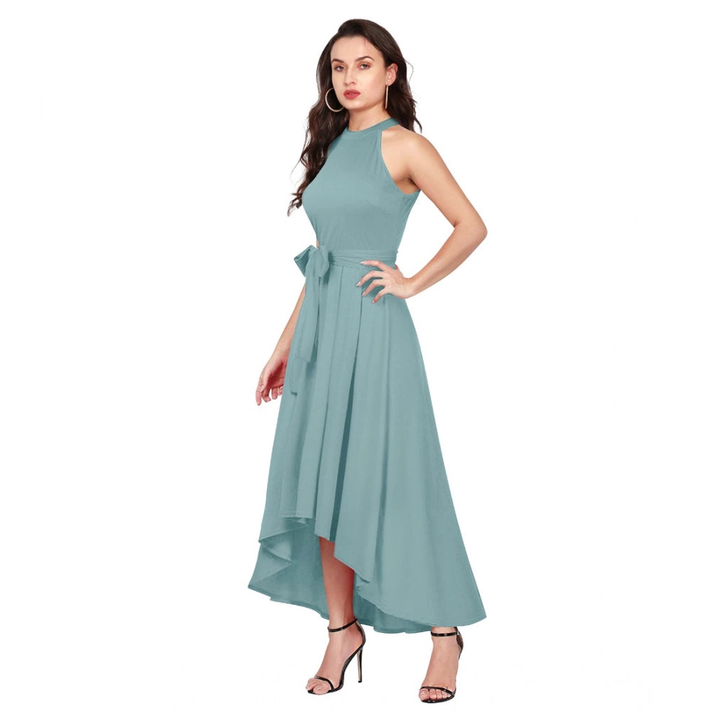 Generic Women's Polyester Solid Halter Neck Sleeveless Dress (Pista)