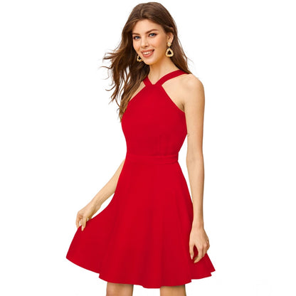 Generic Women's Knitting stretchable Solid Halter Neck Sleeveless Dress (Red )