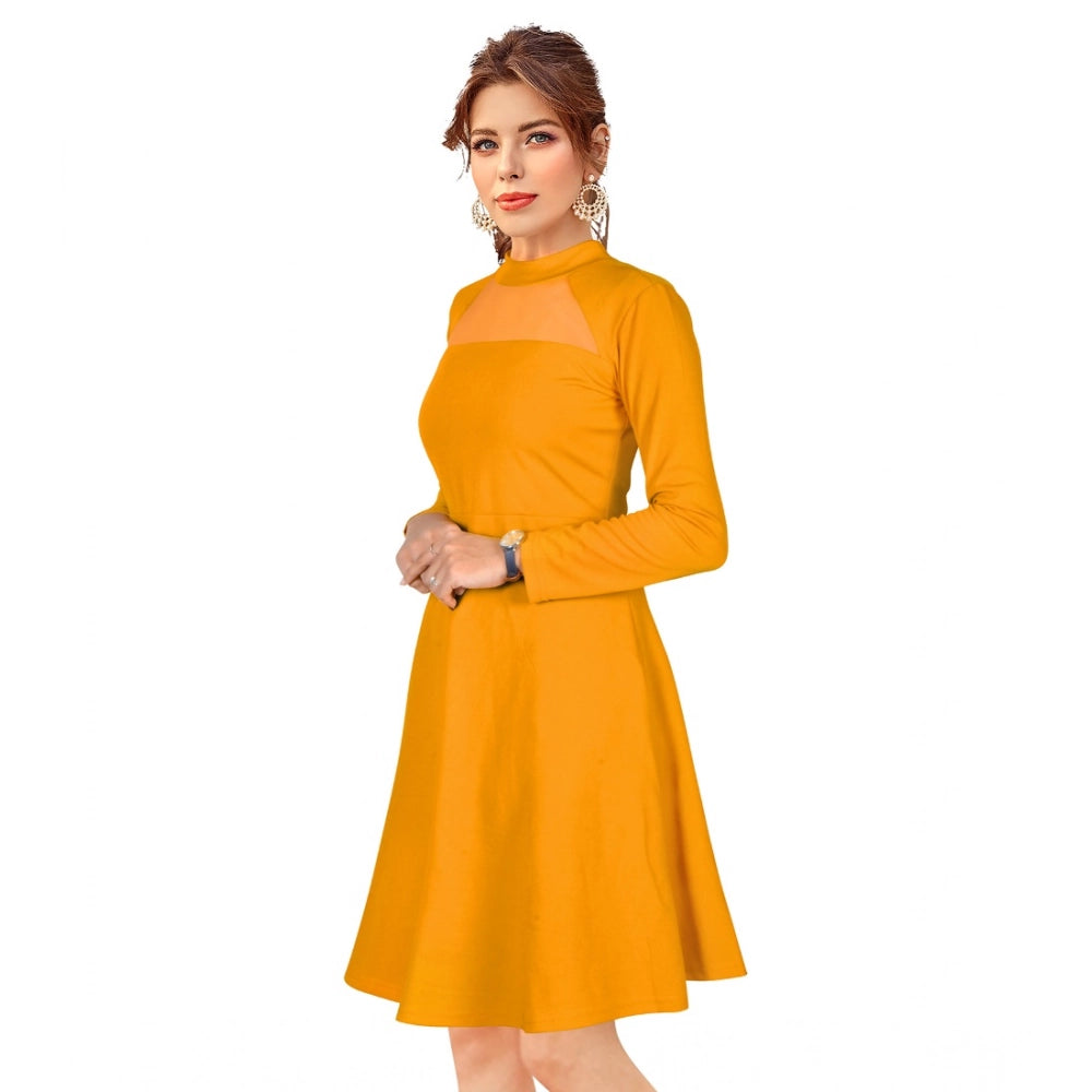 Generic Women's Knitting stretchable Solid Round Neck Full Sleeve Dress (Yellow)