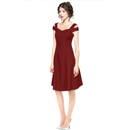 Generic Women's Polyester Solid V Neck Cap Sleeve off Shoulder Dress (Maroon)