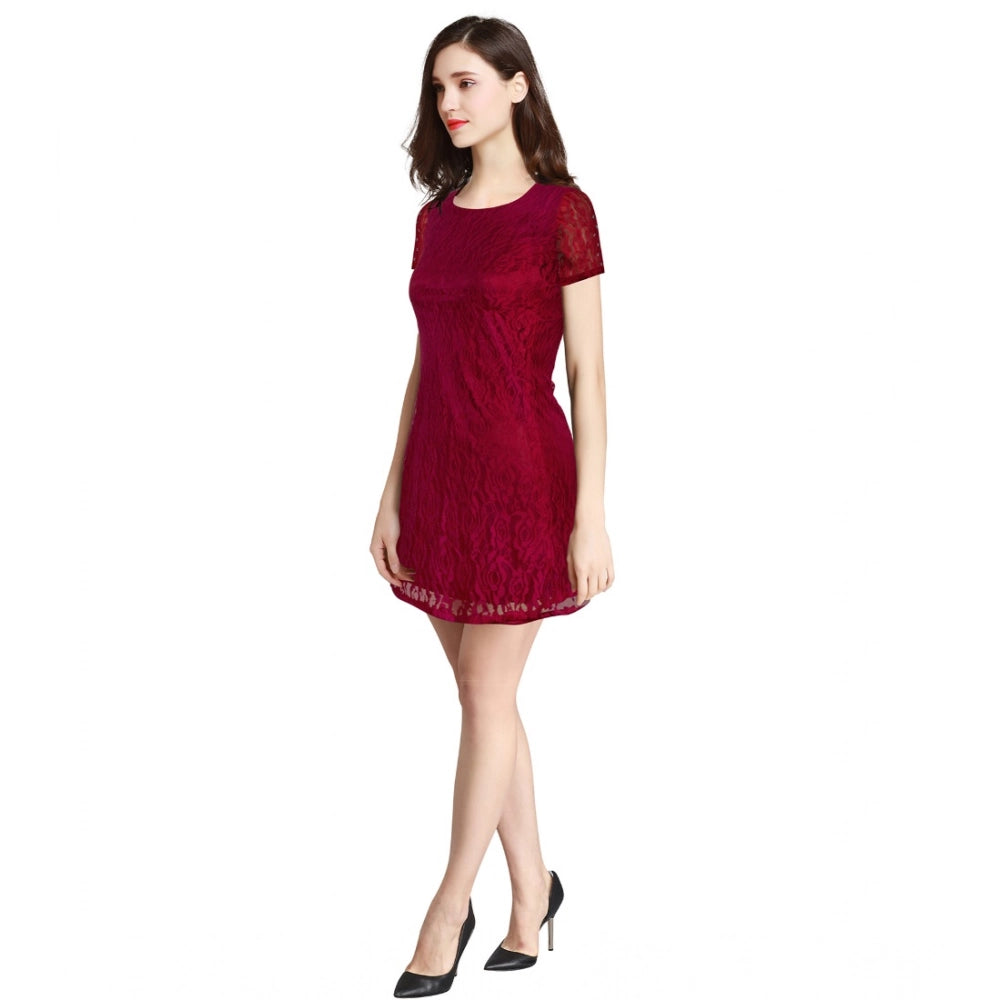 Generic Women's Rasal Solid Round Neck Cap Sleeve Dress (Maroon)