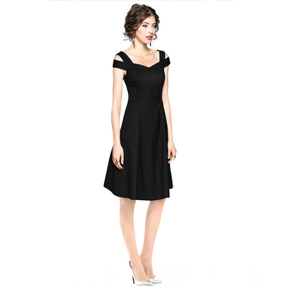 Generic Women's Polyester Solid V Neck Cap Sleeve off Shoulder Dress (Black)