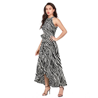Generic Women's Polyester Zebra Pattern Halter Neck Sleeveless Dress (White)