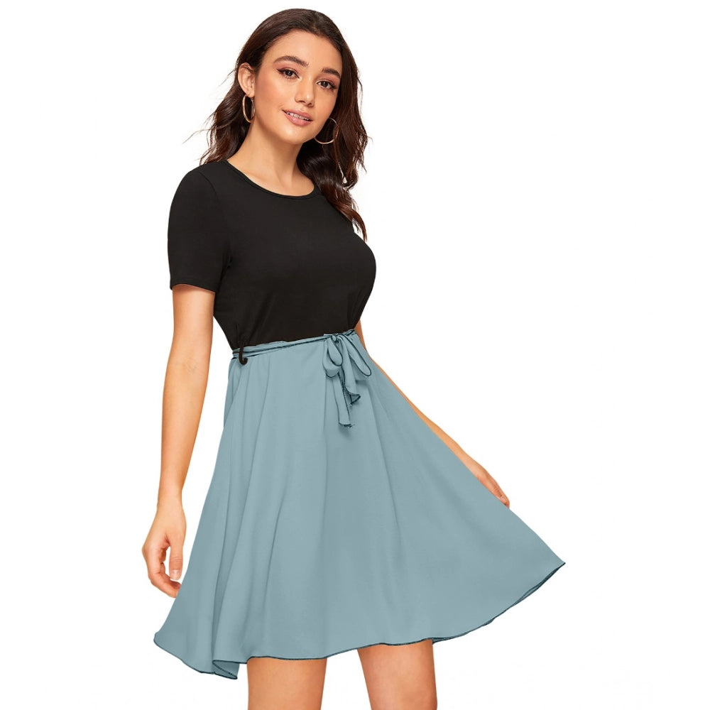 Generic Women's Knitting stretchable Solid Round Neck Cap Sleeve Dress (Pista)