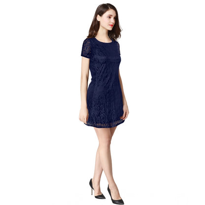 Generic Women's Rasal Solid Round Neck Cap Sleeve Dress (Blue)