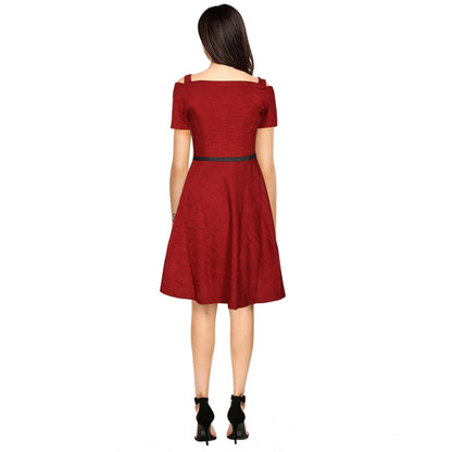 Generic Women's Polyester Solid V Neck Cap Sleeve Dress (Maroon)