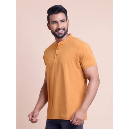 Generic Men's Casual Cotton Solid Half Sleeve Mandarin Collar T-Shirt (Brown)