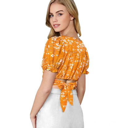 Generic Women's Knitting Printed V-Neck Puff Sleeve Tops (Yellow)