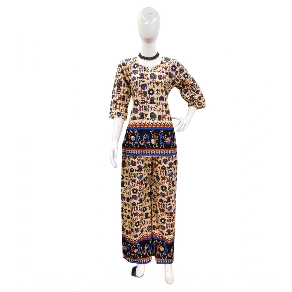Generic Women's Cotton Jaipuri Printed 3-4th Sleeve Co ord Set (Multicolor)