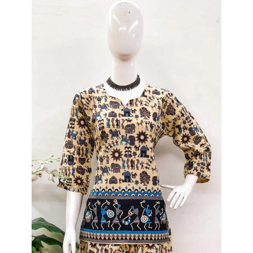 Generic Women's Cotton Jaipuri Printed 3-4th Sleeve Co ord Set (Multicolor)