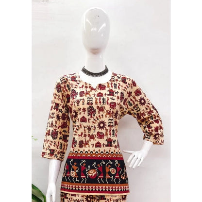 Generic Women's Cotton Jaipuri Printed 3-4th Sleeve Co ord Set (Multicolor)