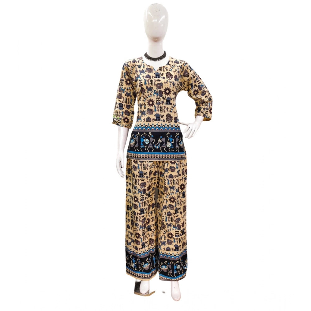 Generic Women's Cotton Jaipuri Printed 3-4th Sleeve Co ord Set (Multicolor)