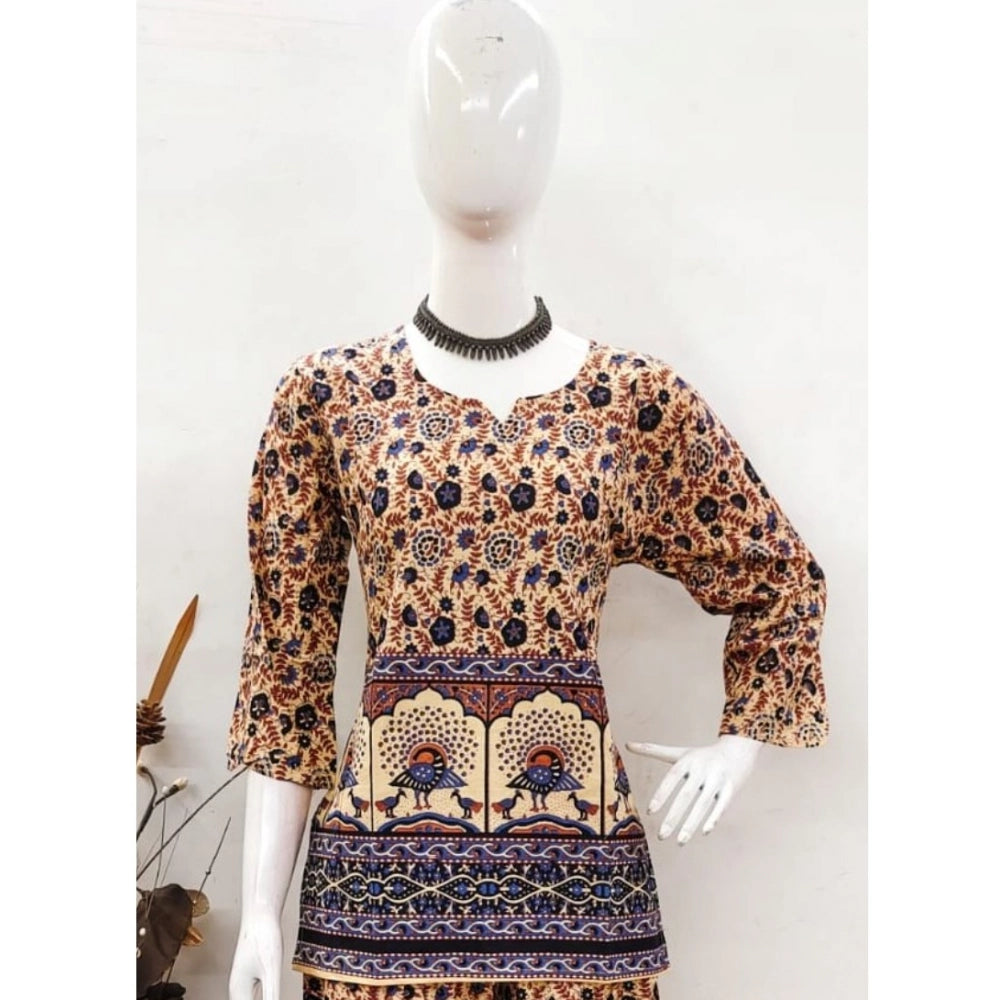 Generic Women's Cotton Jaipuri Printed 3-4th Sleeve Co ord Set (Multicolor)