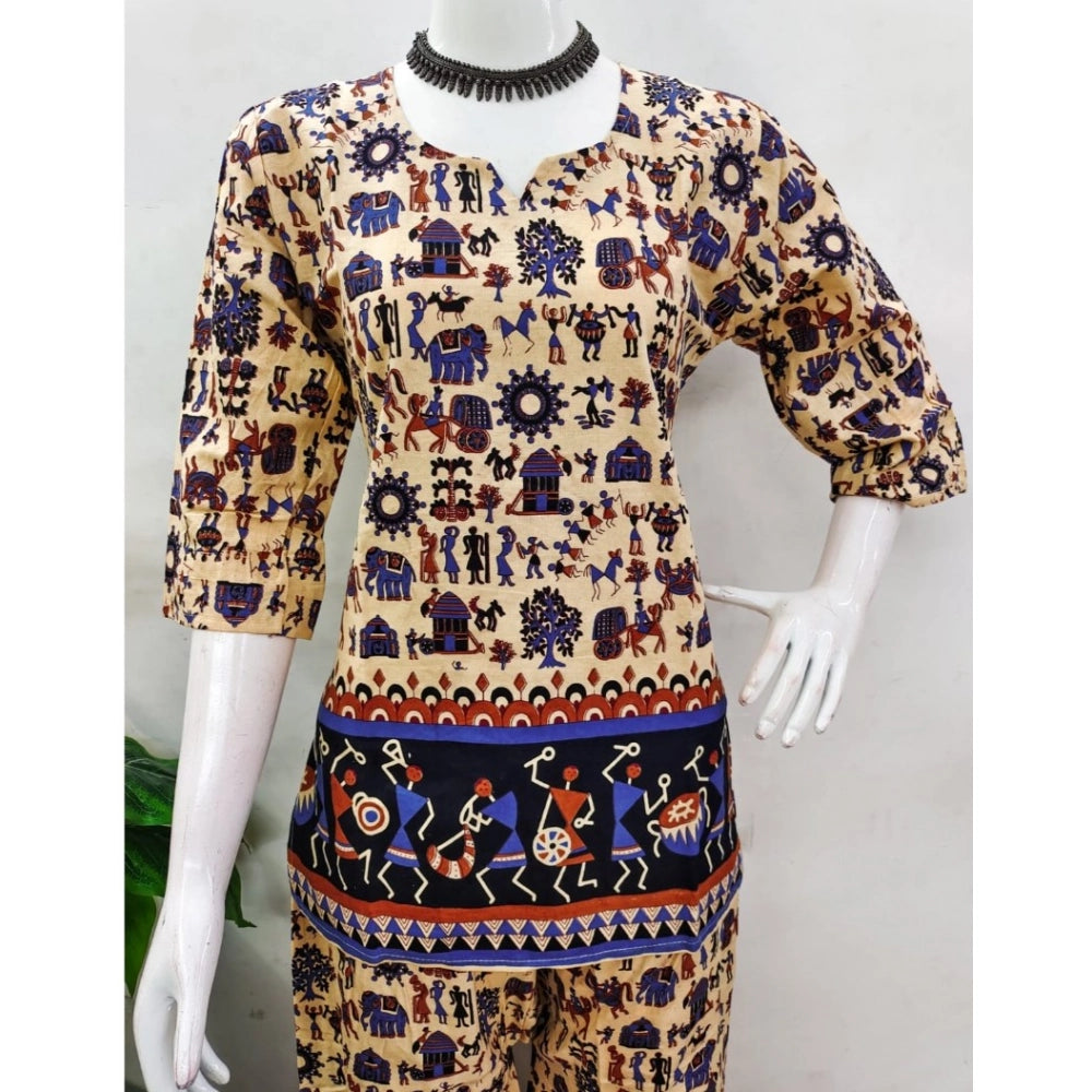 Generic Women's Cotton Jaipuri Printed 3-4th Sleeve Co ord Set (Multicolor)