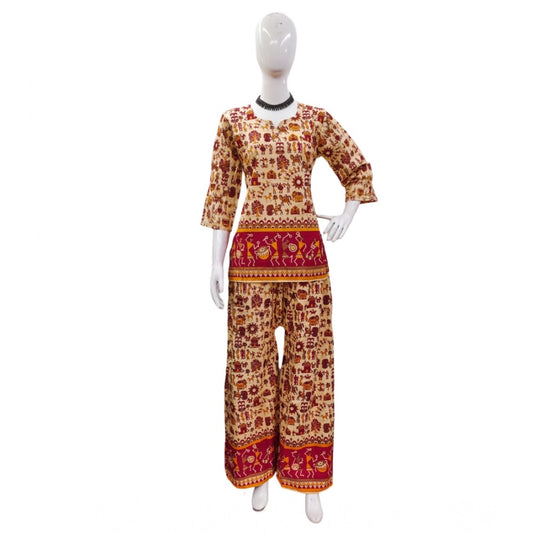 Generic Women's Cotton Jaipuri Printed 3-4th Sleeve Co ord Set (Multicolor)