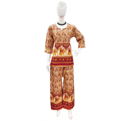 Generic Women's Cotton Jaipuri Printed 3-4th Sleeve Co ord Set (Multicolor)