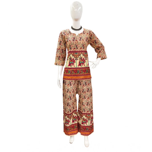 Generic Women's Cotton Jaipuri Printed 3-4th Sleeve Co ord Set (Multicolor)