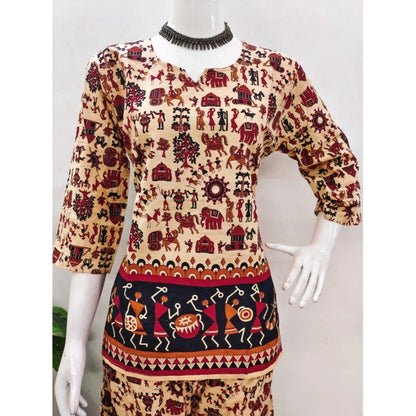Generic Women's Cotton Jaipuri Printed 3-4th Sleeve Co ord Set (Multicolor)