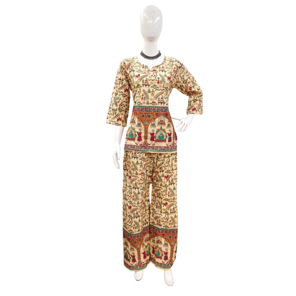 Generic Women's Cotton Jaipuri Printed 3-4th Sleeve Co ord Set (Multicolor)