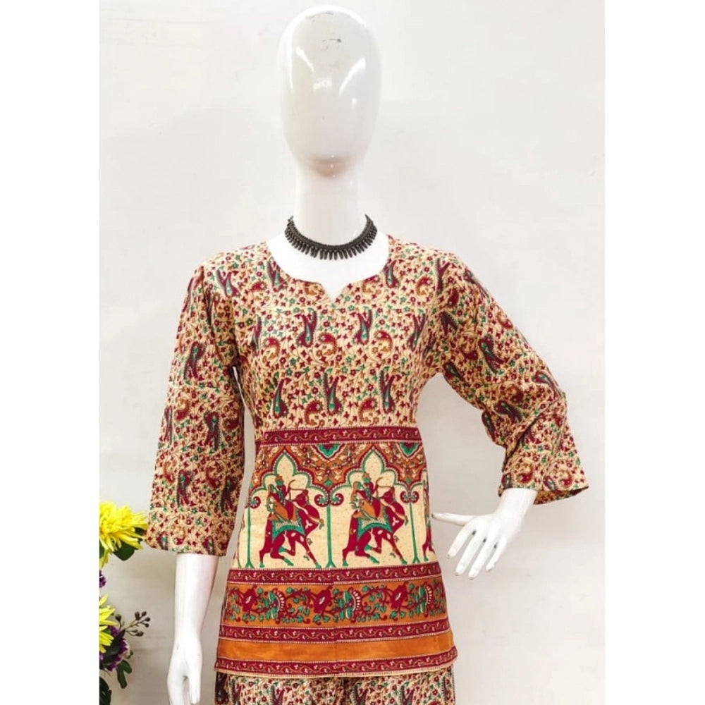 Generic Women's Cotton Jaipuri Printed 3-4th Sleeve Co ord Set (Multicolor)
