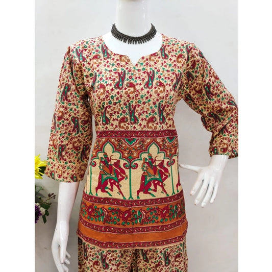Generic Women's Cotton Jaipuri Printed 3-4th Sleeve Co ord Set (Multicolor)