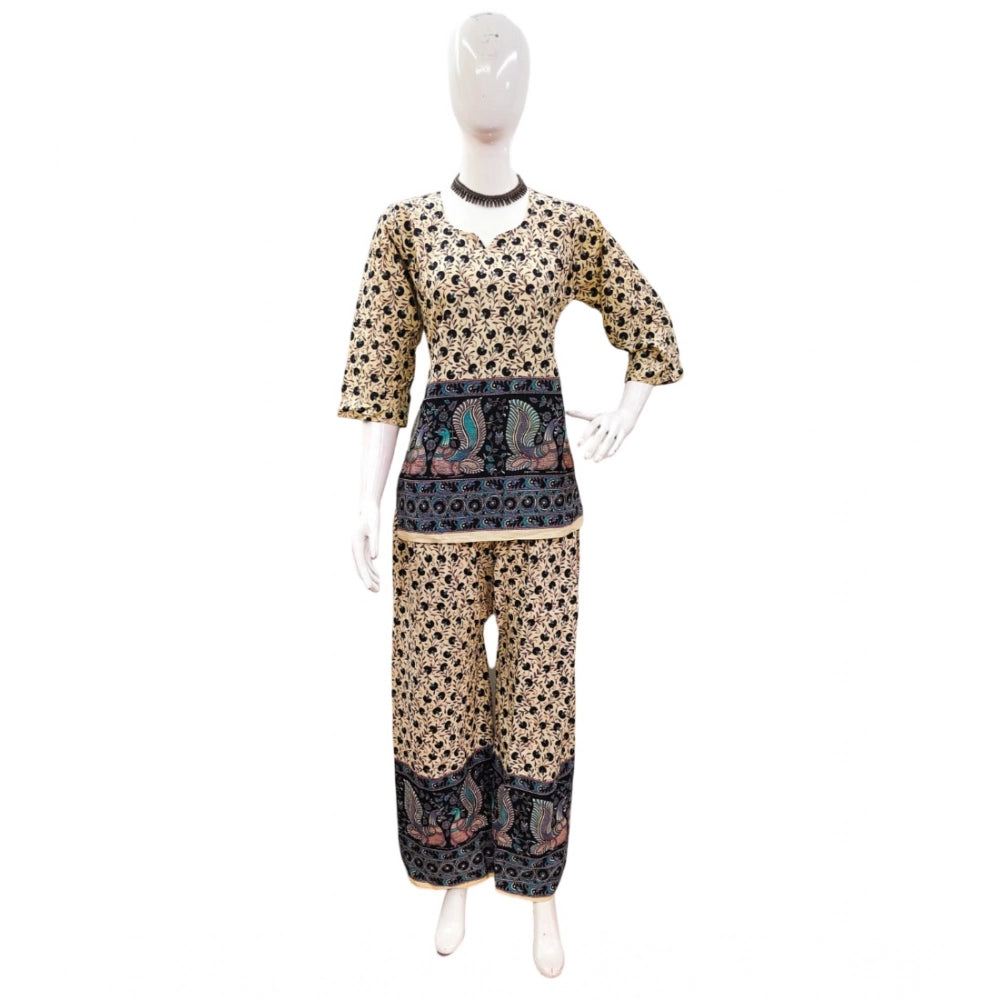 Generic Women's Cotton Jaipuri Printed 3-4th Sleeve Co ord Set (Multicolor)