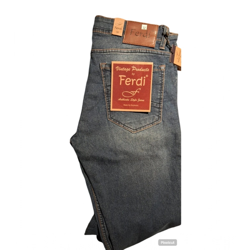Generic Men's Cotton Blended Solid Tapered Jeans (Blue)