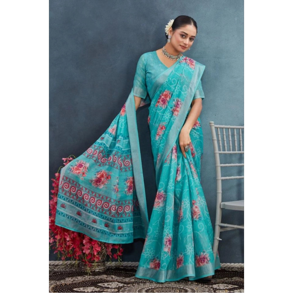 Generic Women's Linen Floral Printed Saree With Unstitched Blouse 5.5Mtr (Aqua)
