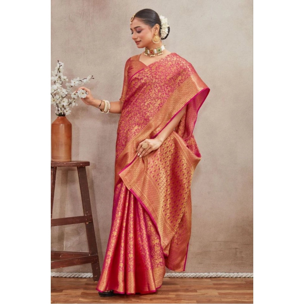 Generic Women's Silk Blend Floral Printed Saree With Unstitched Blouse 5.5Mtr (Pink)