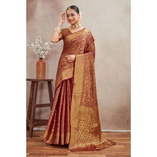 Generic Women's Silk Blend Floral Printed Saree With Unstitched Blouse 5.5Mtr (Brown)