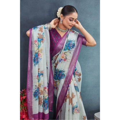 Generic Women's Linen Floral Printed Saree With Unstitched Blouse 5.5Mtr (Magenta)