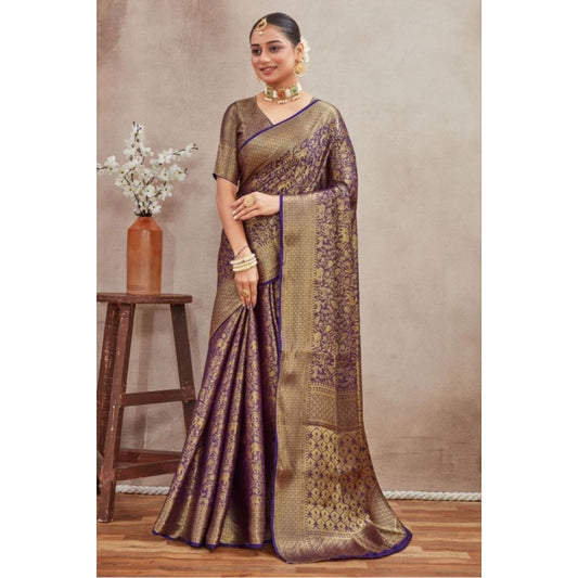 Generic Women's Silk Blend Floral Printed Saree With Unstitched Blouse 5.5Mtr (Navy Blue)