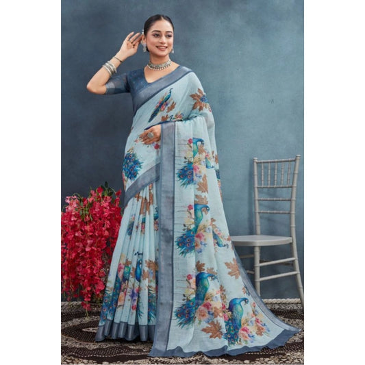 Generic Women's Linen Floral Printed Saree With Unstitched Blouse 5.5Mtr (Grey)