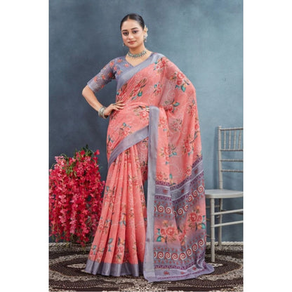Generic Women's Linen Floral Printed Saree With Unstitched Blouse 5.5Mtr (Peach)