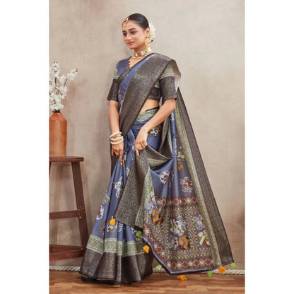 Generic Women's Crepe Silk Printed Saree With Unstitched Blouse 5.5Mtr (Grey)