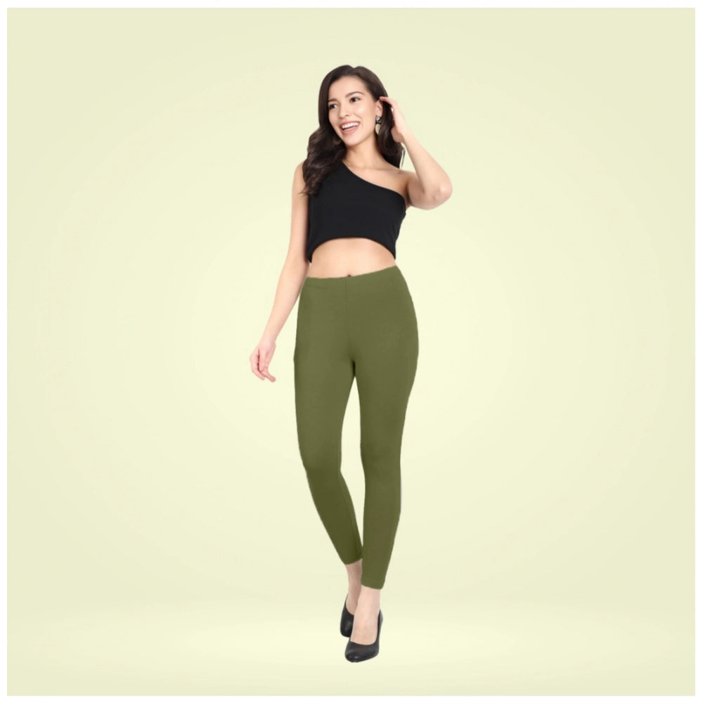 Generic Women's Cotton Blended Solid Ankle legging (Olive Green)