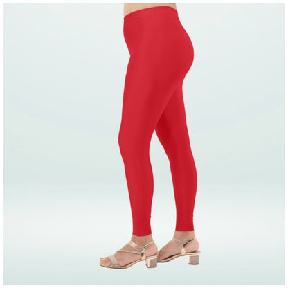 Generic Women's Cotton Blended Solid Shimmer Ankle leggings (Red)
