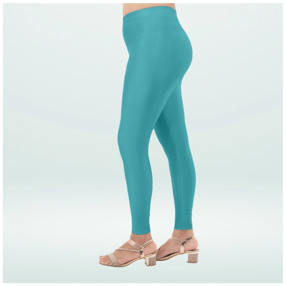 Generic Women's Cotton Blended Solid Shimmer Ankle leggings (Blue)