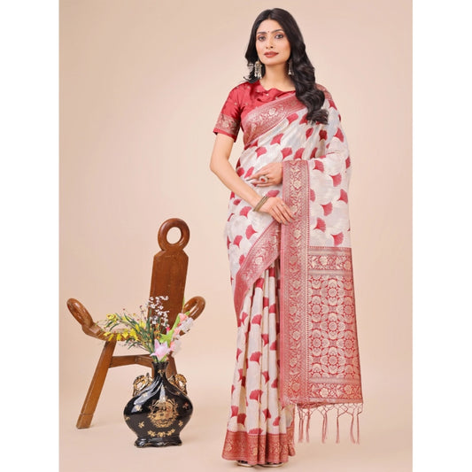 Generic Women's Linen Cotton Printed Saree With Unstitched Blouse 5.5Mtr (Red)