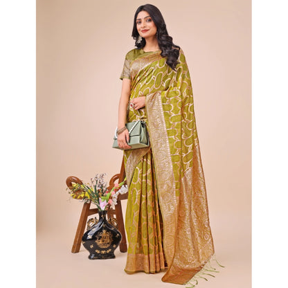 Generic Women's Linen Cotton Printed Saree With Unstitched Blouse 5.5Mtr (Olive Green)