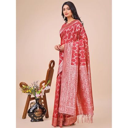 Generic Women's Linen Cotton Printed Saree With Unstitched Blouse 5.5Mtr (Red)