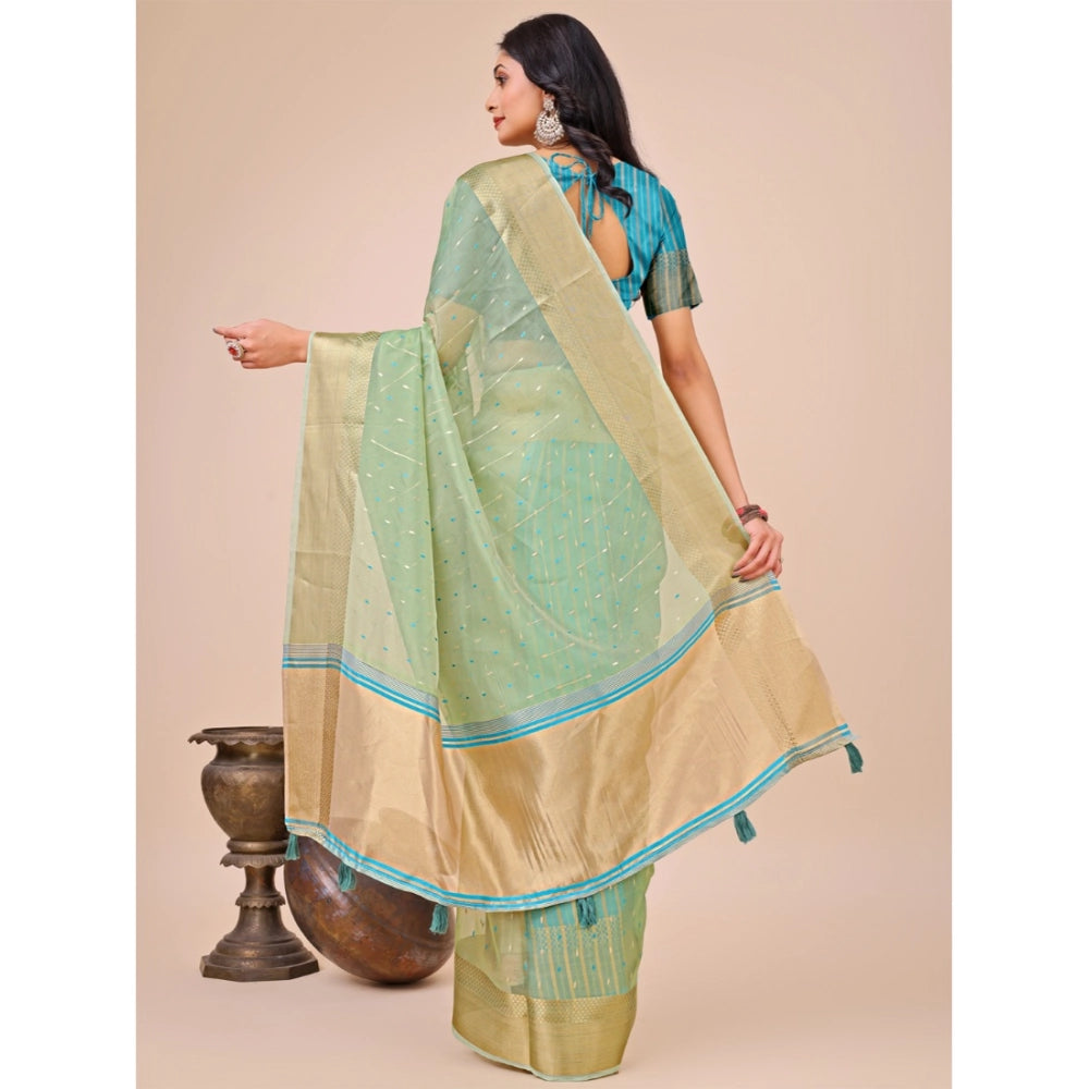 Generic Women's Organza Printed Saree With Unstitched Blouse 5.5Mtr (Green)
