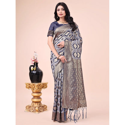 Generic Women's Cotton Printed Saree With Unstitched Blouse 5.5Mtr (Navy Blue)