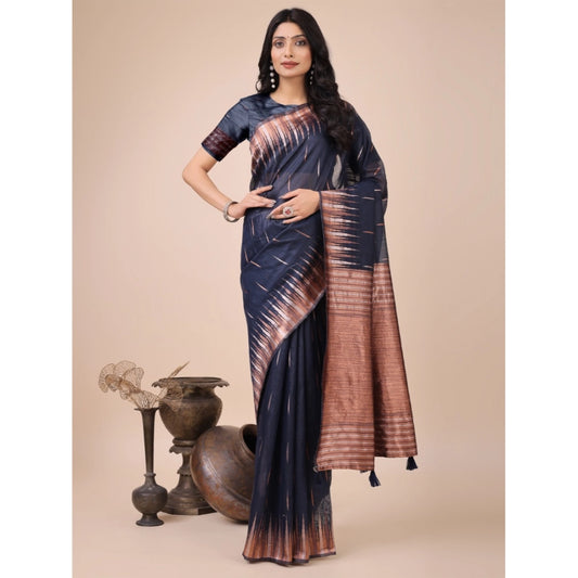 Generic Women's Linen Cotton Printed Saree With Unstitched Blouse 5.5Mtr (Navy Blue)