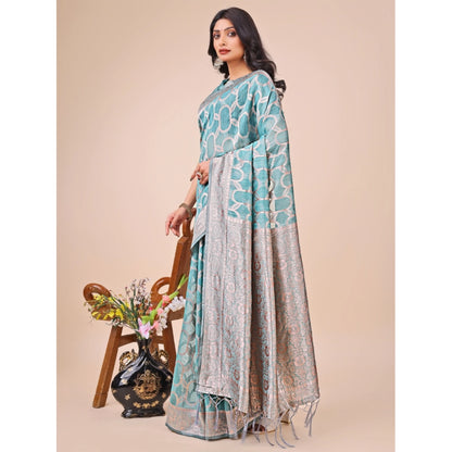 Generic Women's Linen Cotton Printed Saree With Unstitched Blouse 5.5Mtr (Teal)